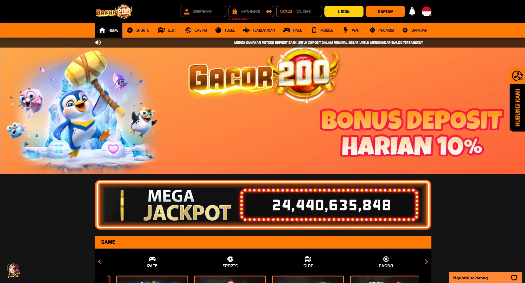 Tampilan halaman utama situs judi online